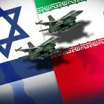 Flags of Israel and Iran with Israeli F-16 fighters