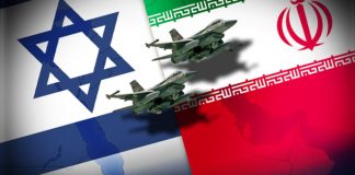 Flags of Israel and Iran with Israeli F-16 fighters