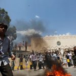 Protesters gather outside the U.S. embassy in Sanaa.