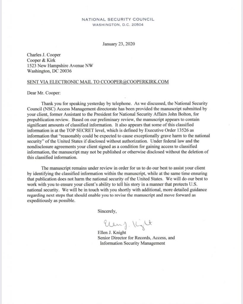 National Security Council letter to Attorney about classified material in Bolton's book manuscript