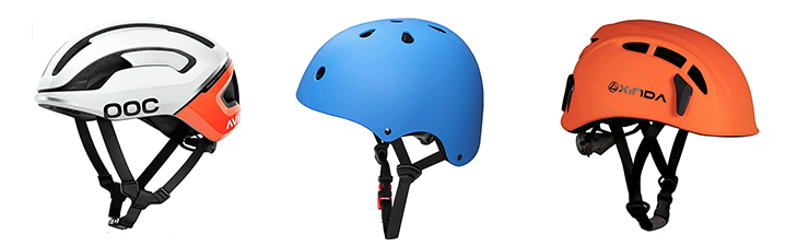Effective head protection includes bicycle, skateboard and climbing helmets.