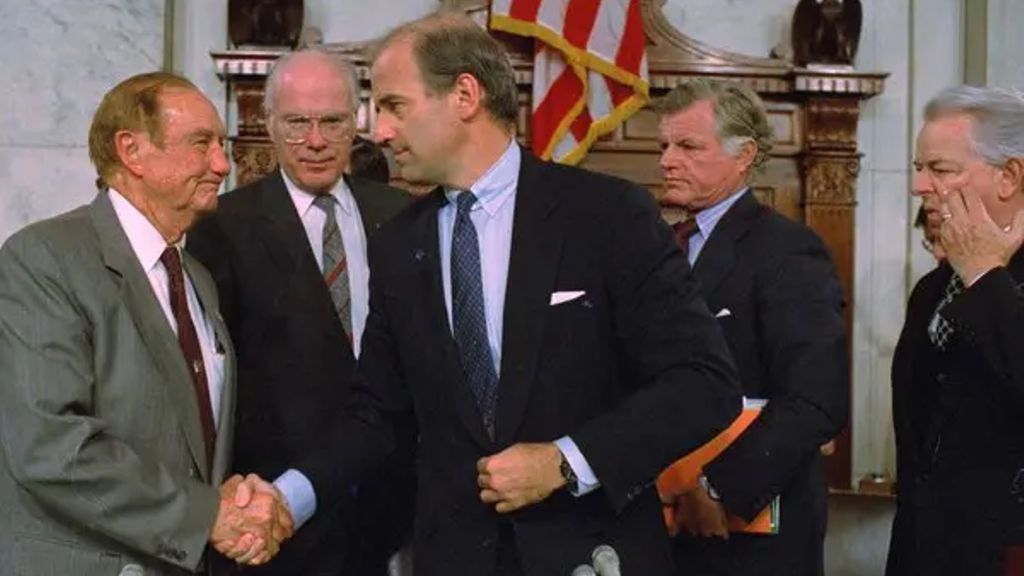Senator Strom Thurmond, left, served with Mr. Biden, center, on the Senate Judiciary Committee. Together, they wrote roughly a half-dozen crime bills.