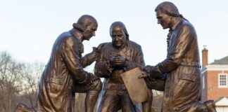 This statue by Stan Watts depicts Founding Fathers John Adams, Benjamin Franklin and Thomas Jefferson kneeling in prayer.