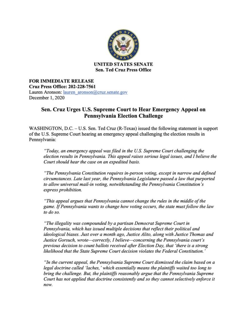 Sen. Cruz Urges U.S. Supreme Court to Hear Emergency Appeal on Pennsylvania Election Challenge