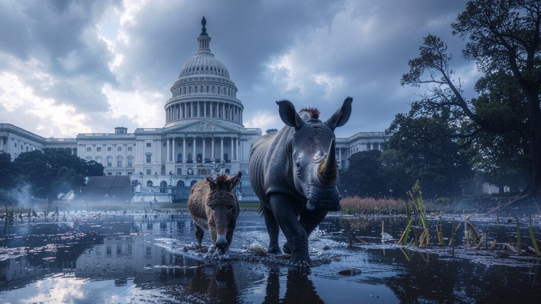 Rino and Donkey walking through the swamp in front of the US Capitol.