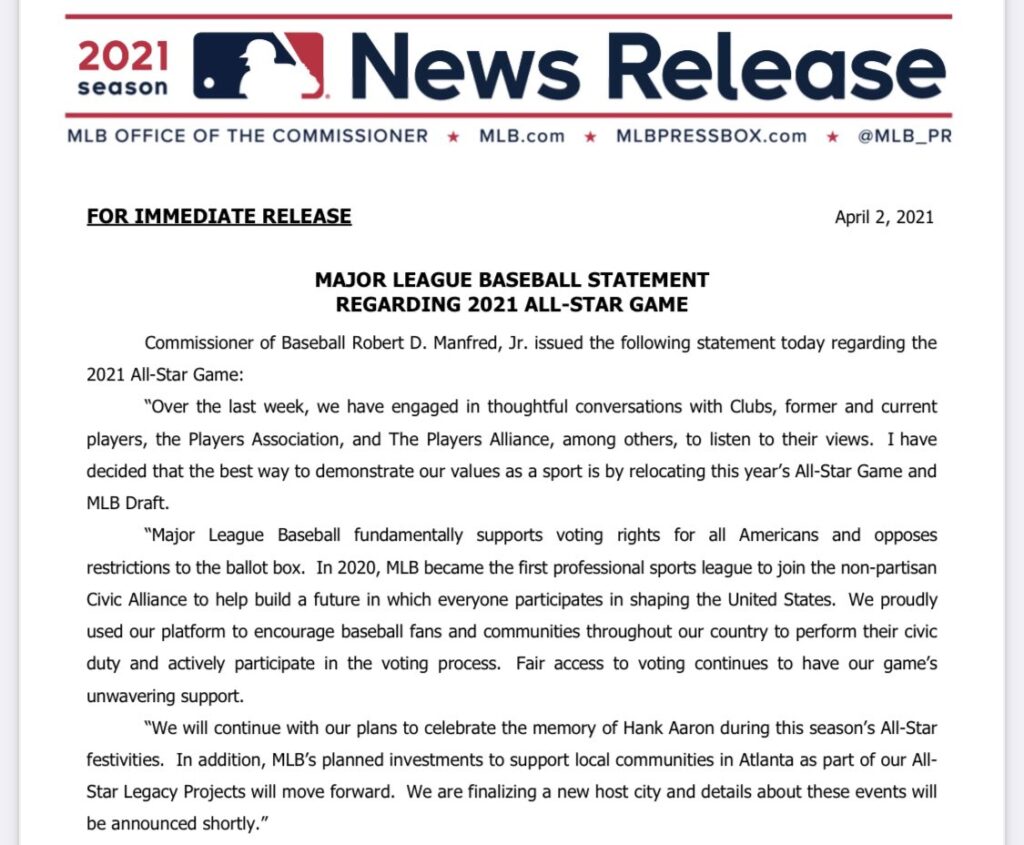 Major League Baseball News Release on Georgia Election Integrity Bill