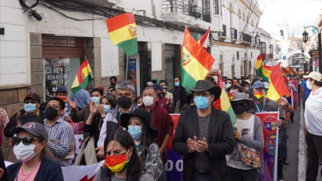 Protesters march in the streets of Sucre, Bolivia