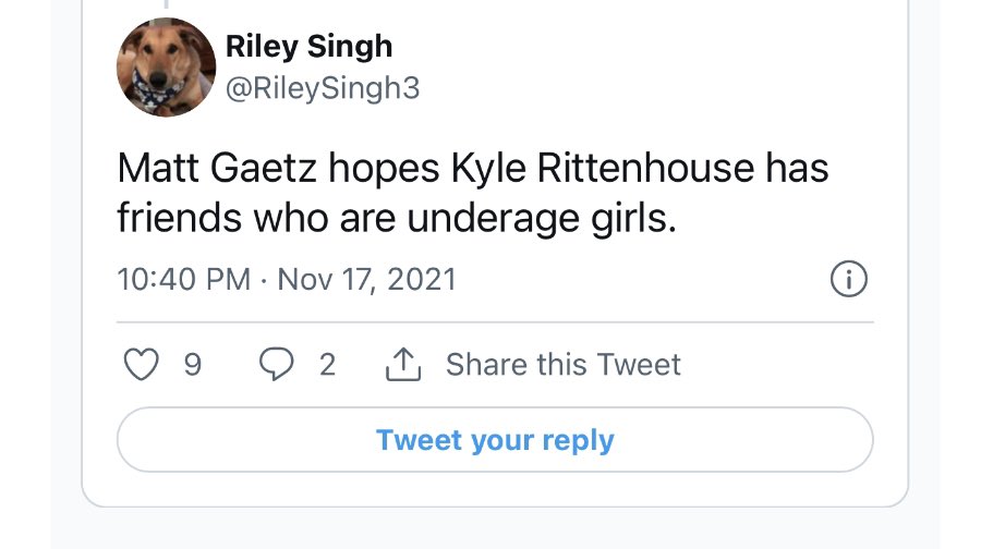 Riley Singh Lies about Matt Gaetz on Twitter @RileySingh3