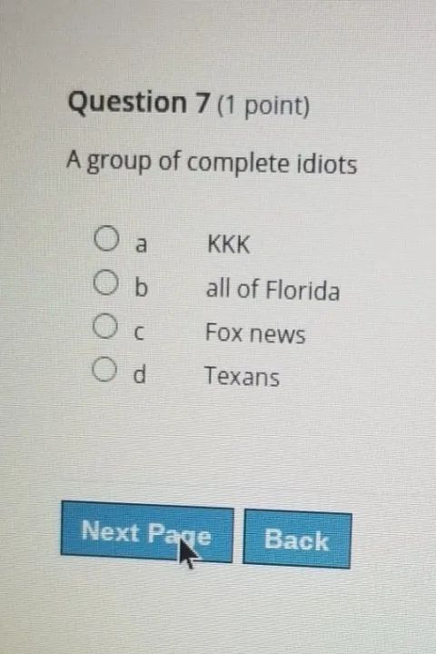 The question asks respondents to identify “A group of complete idiots”