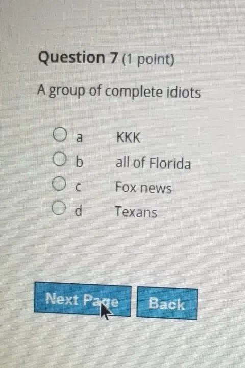 The question asks respondents to identify โA group of complete idiotsโ