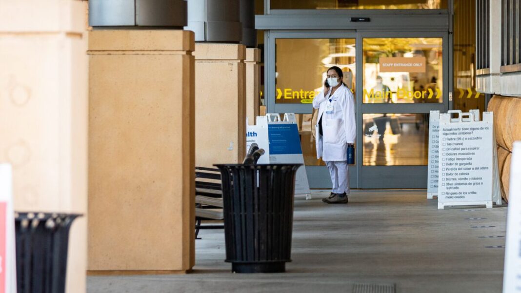 Healthcare workers at St. Joseph Hospital in Orange, CA