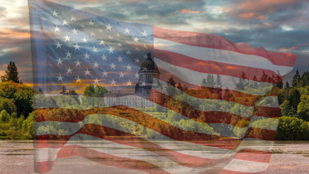 US Flag and Washington State Legislature