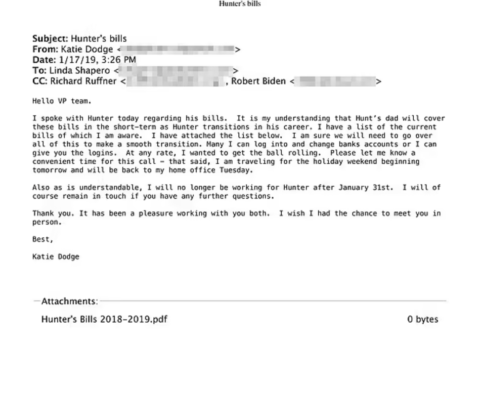 Hunter Biden Email on Hunter's Bills