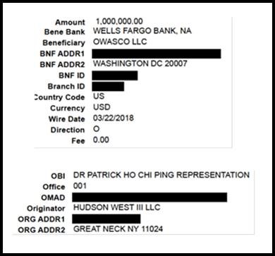 Owasco’s receipt of the March 22, 2018 one million dollar transfer.