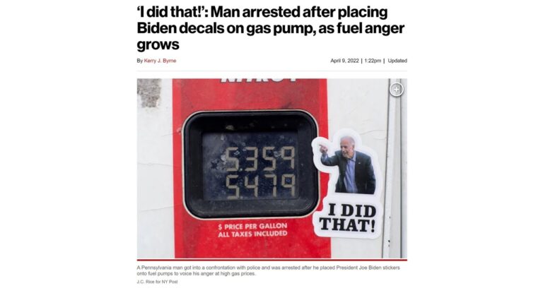 Man Arrested in Pennsylvania After Placing ‘Biden: I Did That’ Stickers at Gas Pumps: Report