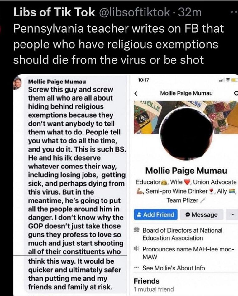 Pennsylvania teacher writes on FB that people who have religious exemptions should die from the virus or be shot.