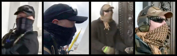 Two masked men were filmed by Bobby Powell at the U.S. Capitol on Jan. 6, 2021. Neither has been arrested or charged. (Bobby Powell and Ford Fischer/Screenshots by The Epoch Times)