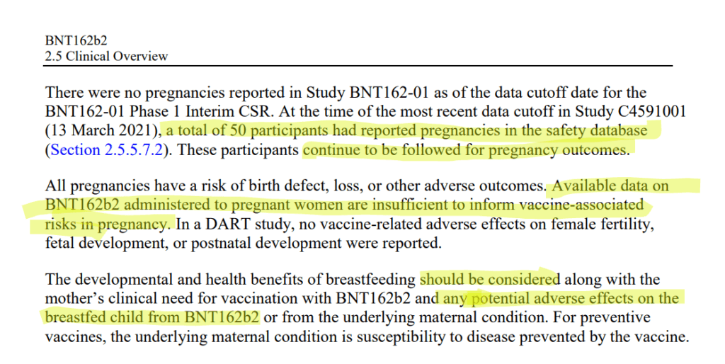 BNT162b2 2.5 Clinical Overview: There were no pregnancies reported in BNT162-01