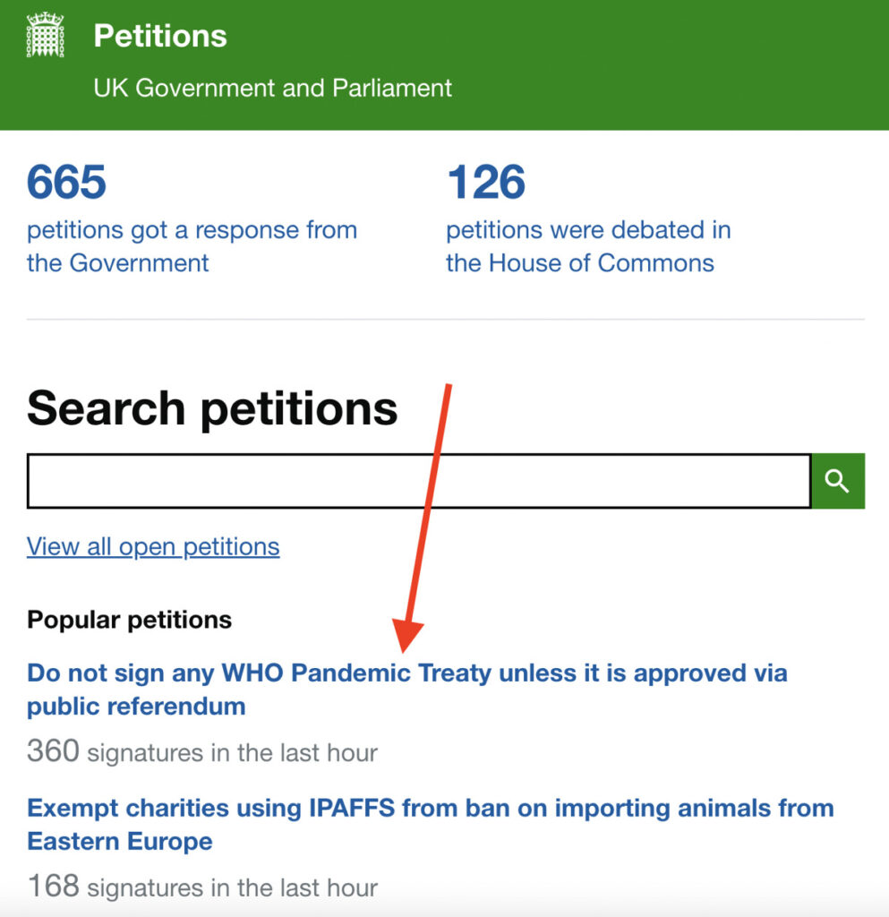 UK Government and Parliament petition urging the government to not sign any WHO pandemic treaty