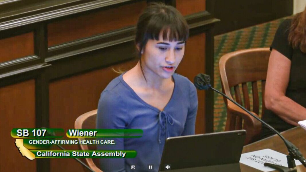 Chloe Cole speaks at an Assembly committee hearing for Senate Bill 107