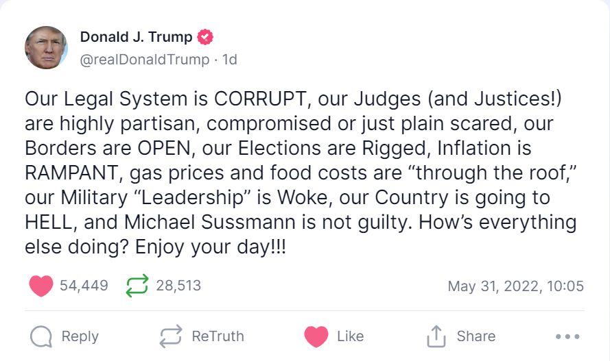 Trump responds to Michael Sussmann acquittal on Truth Social.