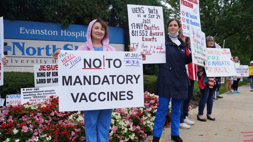 Health care workers protest against NorthShore University HealthSystem's vaccine mandate