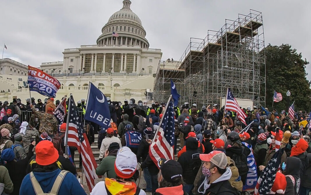 Protesters gather at the police line on the west side of the U.S. Capitol on Jan. 6, 2021.