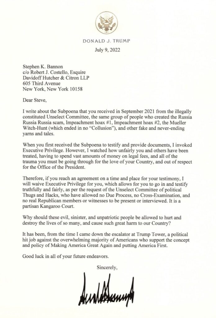 Donald Trump's Letter To Steve Bannon Regarding Executive Privilege