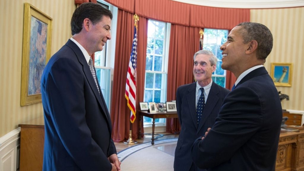 Obama, Comey and Mueller in Oval Office