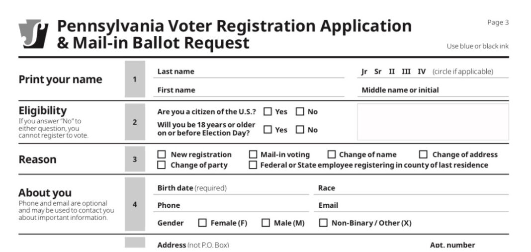 A portion of the newly combined Pennsylvania voter registration application and mail-in ballot