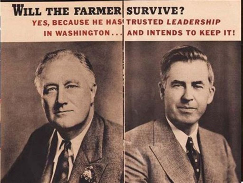 Roosevelt always came out on the farmer's side, as he did here in this typical New Deal propaganda. On the right is Henry A. Wallace, the vice-presidential candidate for 1940.