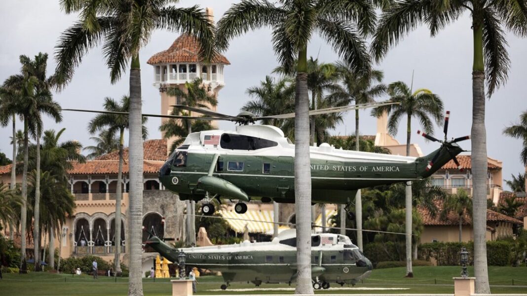 President Donald J. Trump aboard Marine One lands back at Mar-a-Lago