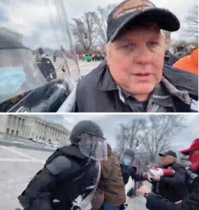 Pastor Bill Dunfee of the Salt and Light Brigade pushed against the police barricade until it fell, then ran for the east steps of the U.S. Capitol on Jan. 6, 2021. (Archive.org Video/Screenshots via The Epoch Times)