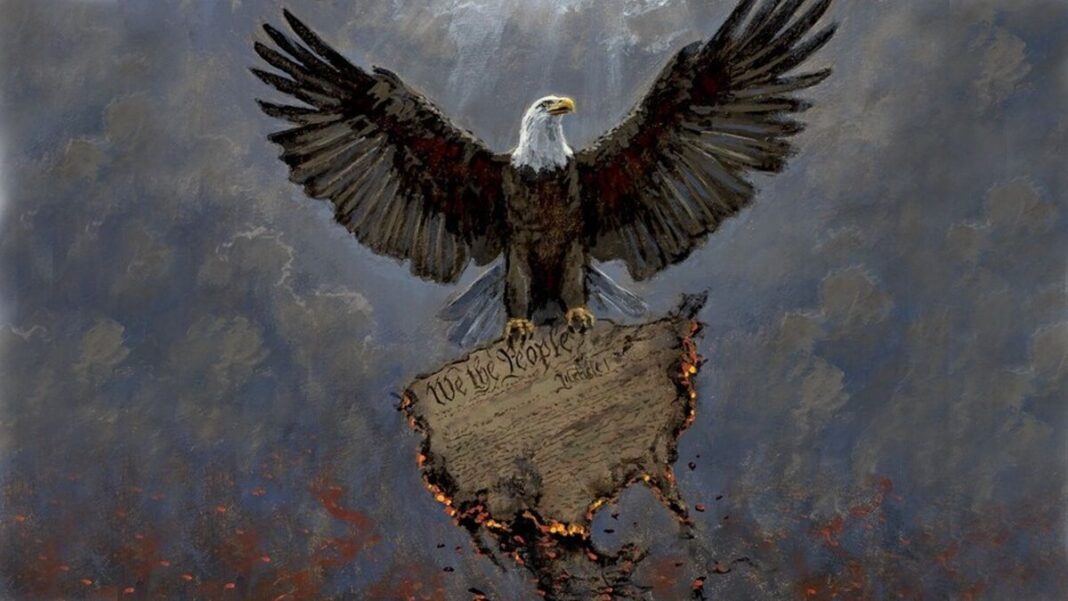 American Eagle and burning U.S. Constitution