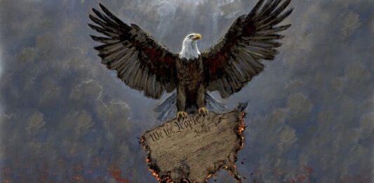 American Eagle and burning U.S. Constitution
