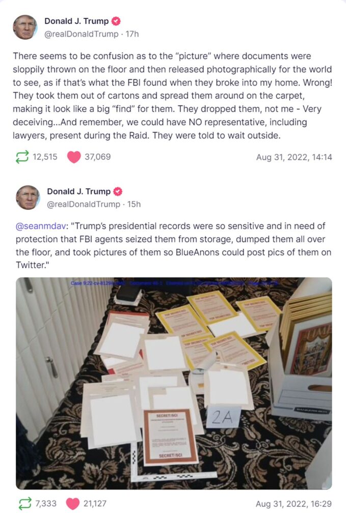 Donald Trump's post on Truth Social about FBI picture of Documents on the floor at Mar-A-Lago.