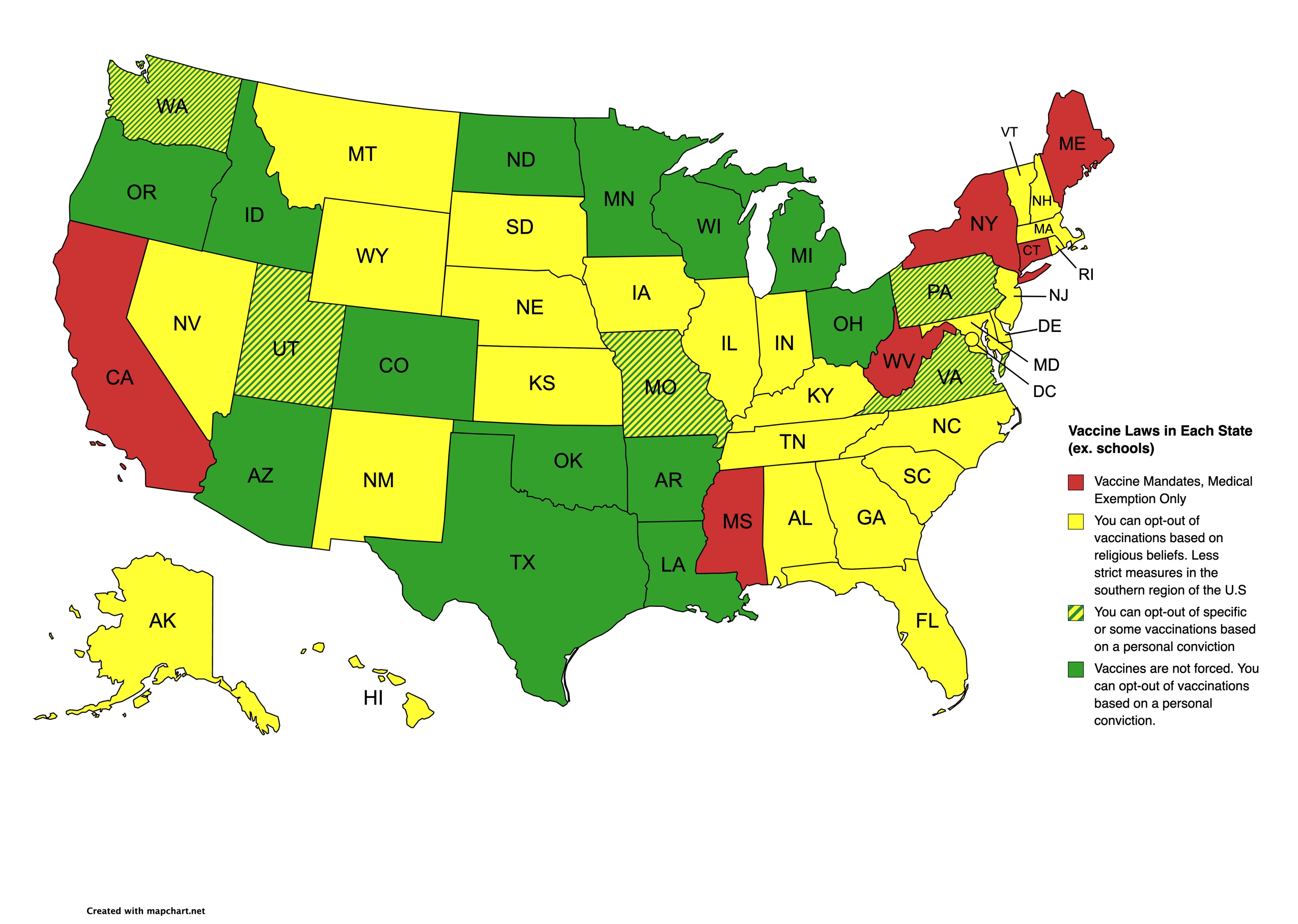 Map shows states allowing parents to opt-out of vaccine requirements for ethical and philosophical reasons (K-12 school and universities).