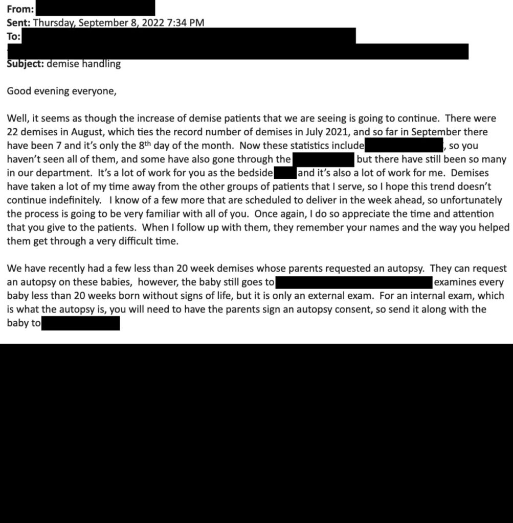 Hospital email on “demise patient.”