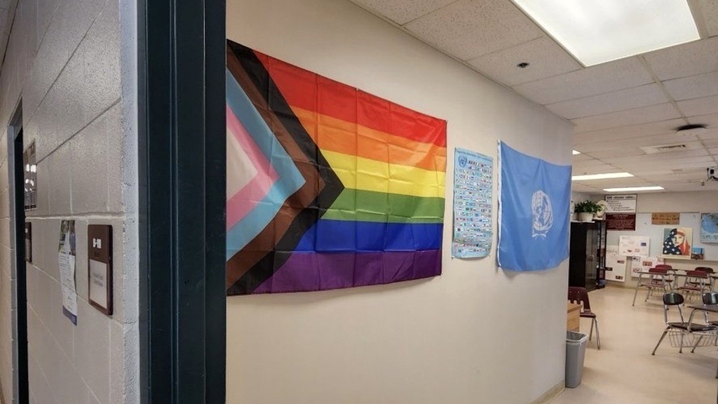 A high school classroom in Gorham High School with a prominently-displayed LGBT flag in Gorham, Maine. (Courtesy of a Gorham High School student)