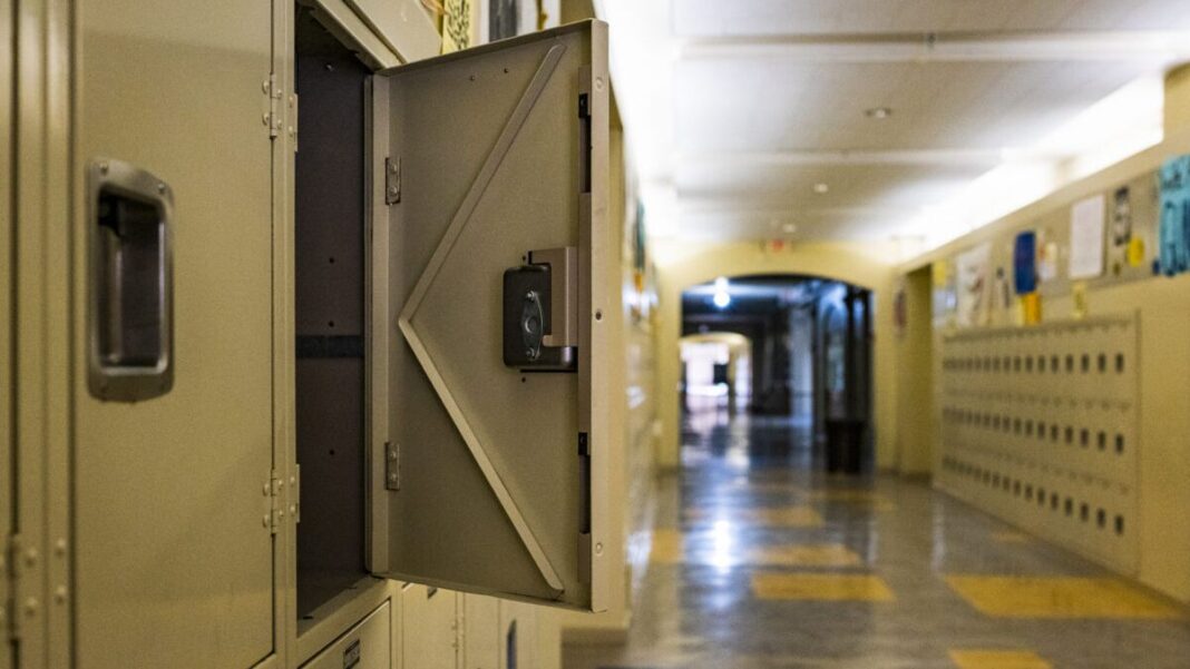 A corridor at a high school in California