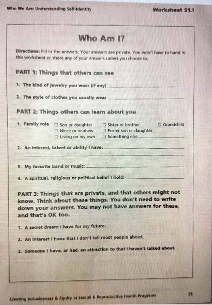 A worksheet at Gorham High School in Gorham, Maine asks students to share information about “attraction” with teachers that they haven’t talked about with others. (Courtesy of HB)