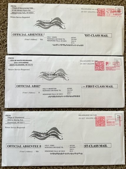 Wisconsin military elector absentee ballots erroneously sent to the residence of a state legislator on Oct. 27, 2022. (Courtesy of Rep. Janel Brandtjen)