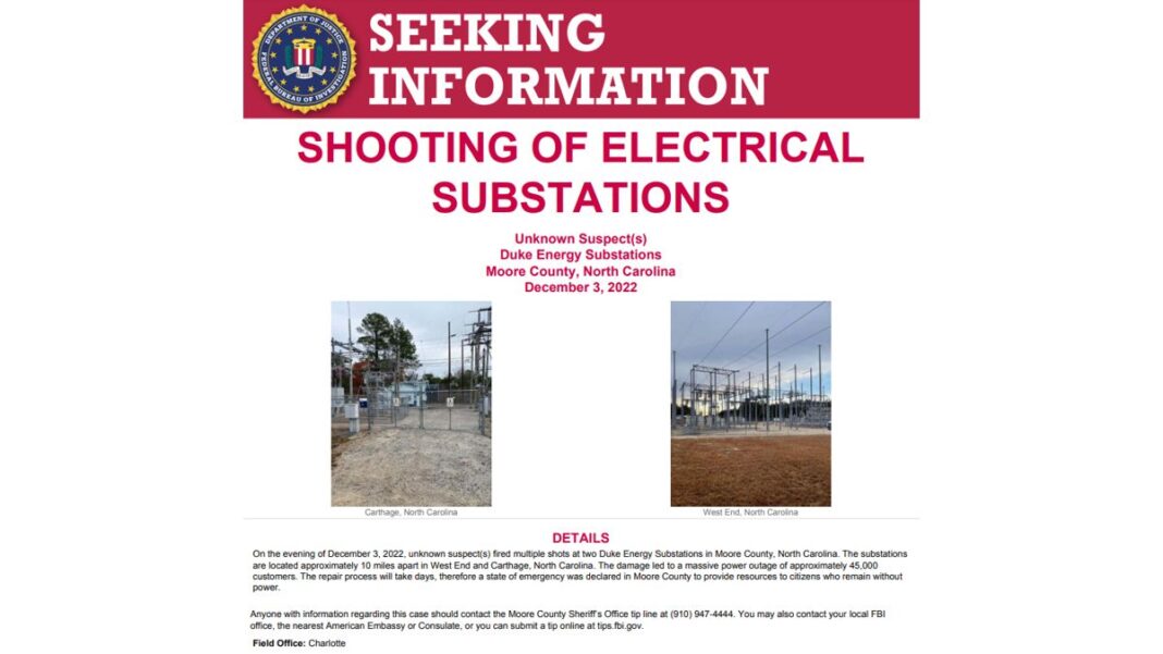 Seeking Info About Shooting of Electrical Substations in North Carolina