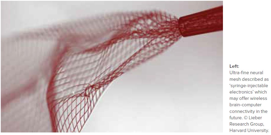 Ultra-fine neural mesh described as 'syringe-injectable electronics' which may offer wireless brain-computer connectivity in the future. Liber Research Group, Harvard University.