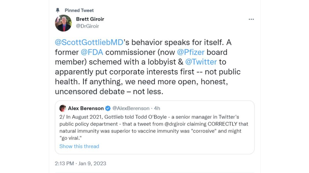 Dr. Brett Giroir tweet on Dr. Scott Gottlieb