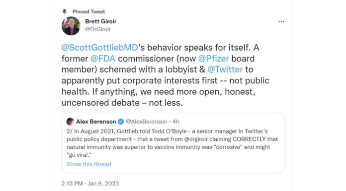 Dr. Brett Giroir tweet on Dr. Scott Gottlieb