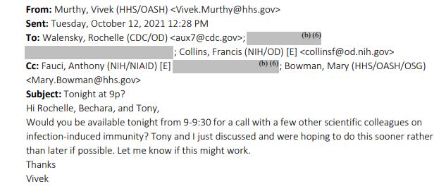 An email obtained by The Epoch Times shows Dr. Vivek Murthy contacting colleagues to arrange the meeting. (The Epoch Times)