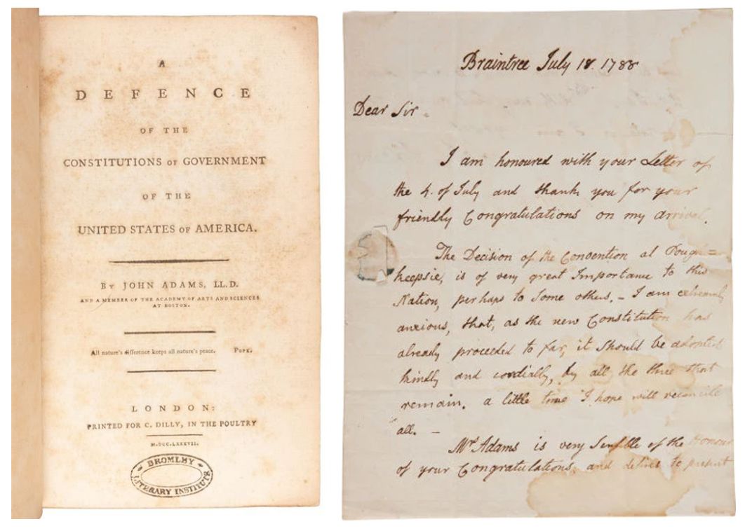 The pamphlet (left) which was Adams's contribution to the Constitutional Convention, and a letter (right) he wrote supporting the Constitution.