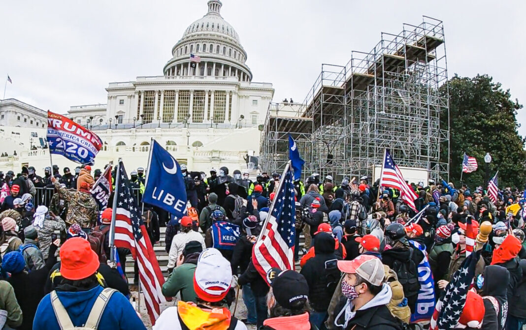 Protesters gather at the police line on the west side of the U.S. Capitol on Jan. 6, 2021.