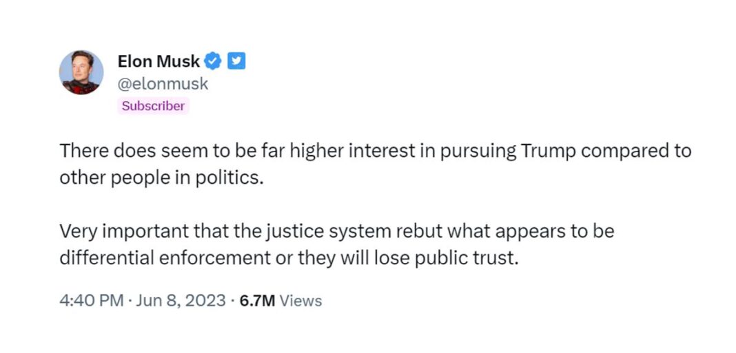 Elon Musk Issues Warning About Justice System After Trump Indictment